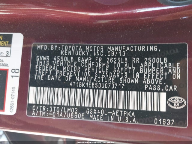 46160086 :رقم المزاد ، 4T1BK1EB5DU073717 vin ، 2013 Toyota Avalon Limited مزاد بيع