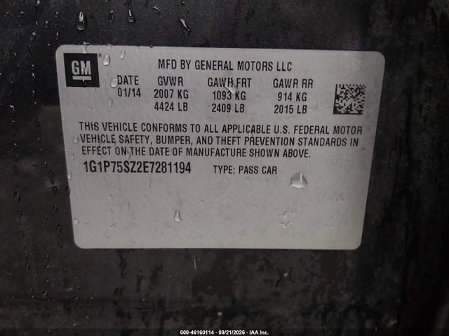 46160114 :رقم المزاد ، 1G1P75SZ2E7281194 vin ، 2014 Chevrolet Cruze Diesel مزاد بيع