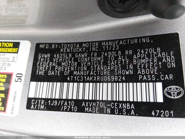 Продажа на аукционе авто 2024 Toyota Camry Hybrid Le, vin: 4T1C31AKXRU069824, номер лота: 46160129