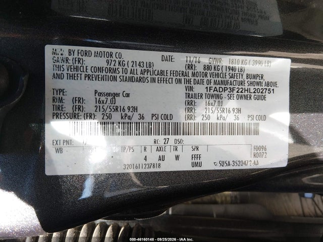 Продажа на аукционе авто 2017 Ford Focus Se, vin: 1FADP3F22HL202751, номер лота: 46160148