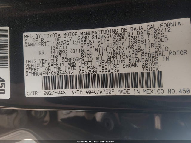 Aukcja sprzedaży 2012 Toyota Tacoma Base V6, vin: 3TMMU4FN4CM044312, numer aukcji: 46160149