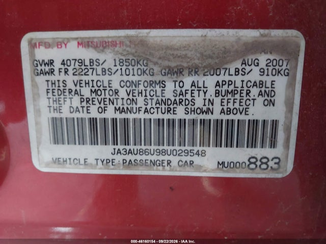 Продаж на аукціоні авто 2008 Mitsubishi Lancer Gts, vin: JA3AU86U98U029548, номер лоту: 46160154