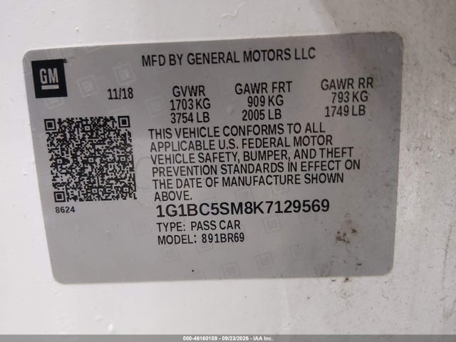 Aukcja sprzedaży 2019 Chevrolet Cruze Ls, vin: 1G1BC5SM8K7129569, numer aukcji: 46160159