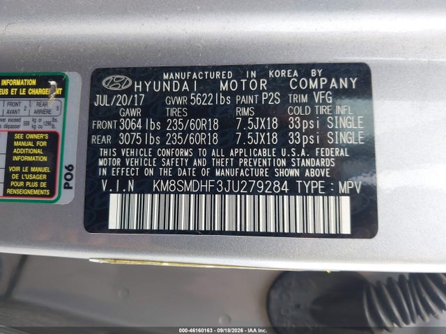 2018 Hyundai Santa Fe Se მანქანა იყიდება აუქციონზე, vin: KM8SMDHF3JU279284, აუქციონის ნომერი: 46160163