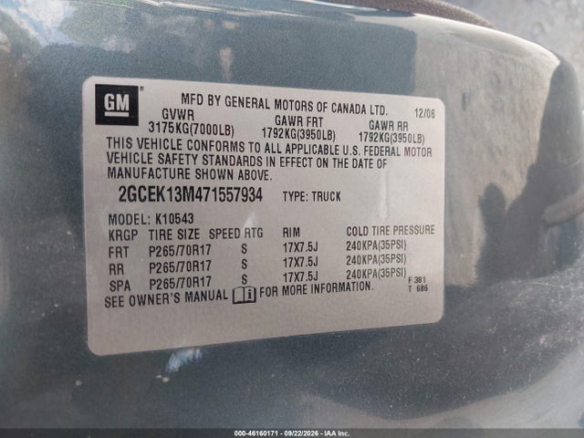 Aukcja sprzedaży 2007 Chevrolet Silverado 1500 Lt1, vin: 2GCEK13M471557934, numer aukcji: 46160171