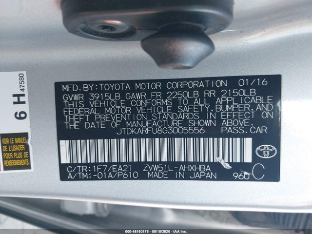 46160176 :رقم المزاد ، JTDKARFU8G3005556 vin ، 2016 Toyota Prius Four Touring مزاد بيع