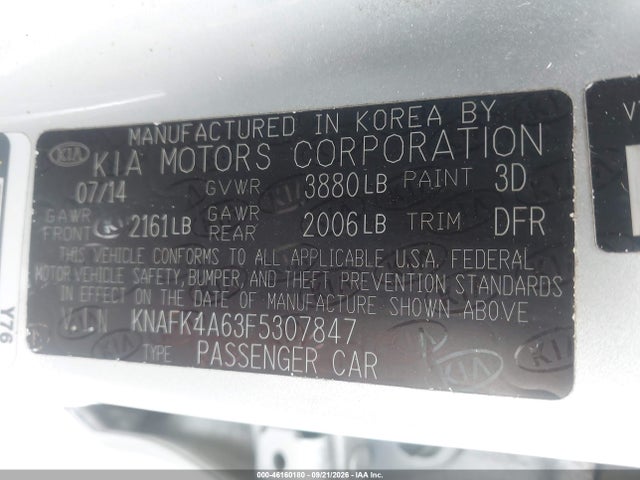 46160180 :رقم المزاد ، KNAFK4A63F5307847 vin ، 2015 Kia Forte Lx مزاد بيع