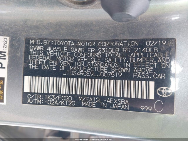 46160187 :رقم المزاد ، JTDS4RCE9LJ007519 vin ، 2020 Toyota Corolla Se مزاد بيع