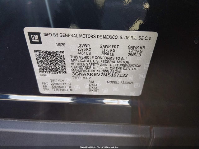 Aukcja sprzedaży 2021 Chevrolet Equinox Lt, vin: 3GNAXKEV7MS107133, numer aukcji: 46160191