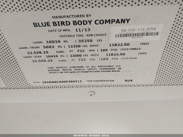 Продаж на аукціоні авто 2014 Blue Bird School Bus / Transit Bus, vin: 1BABNBCA9EF304713, номер лоту: 46160193