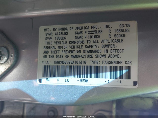 46160198 :رقم المزاد ، 1HGCM56326A101416 vin ، 2006 Honda Accord 2.4 Se مزاد بيع