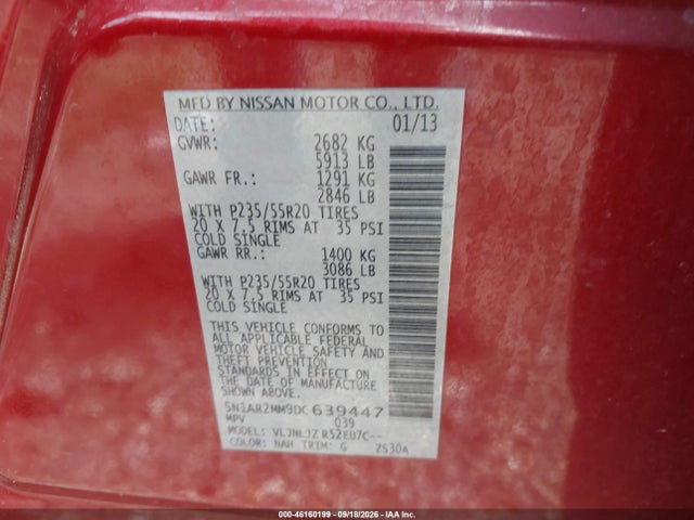 2013 Nissan Pathfinder Platinum მანქანა იყიდება აუქციონზე, vin: 5N1AR2MM9DC639447, აუქციონის ნომერი: 46160199