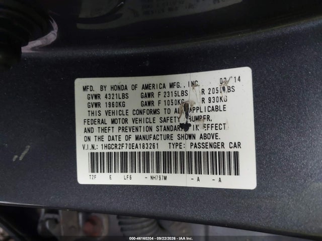 Aukcja sprzedaży 2014 Honda Accord Ex, vin: 1HGCR2F70EA183261, numer aukcji: 46160204