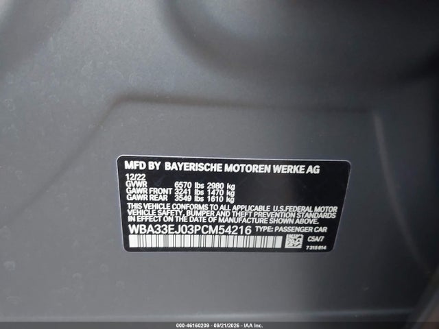 46160209 :رقم المزاد ، WBA33EJ03PCM54216 vin ، 2023 Bmw 760 I Xdrive مزاد بيع