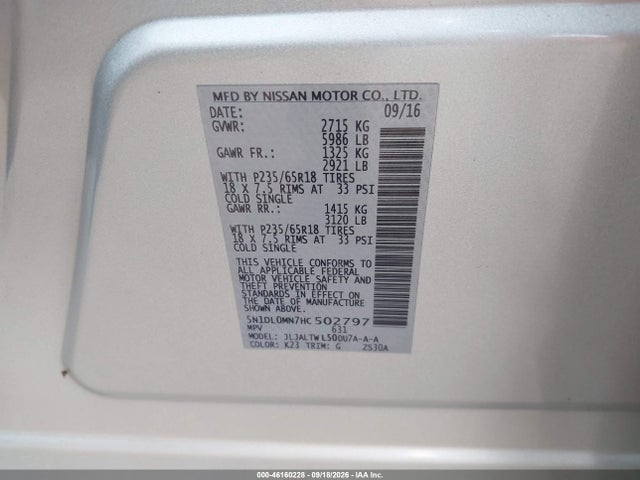 46160228 :رقم المزاد ، 5N1DL0MN7HC502797 vin ، 2017 Infiniti Qx60 مزاد بيع