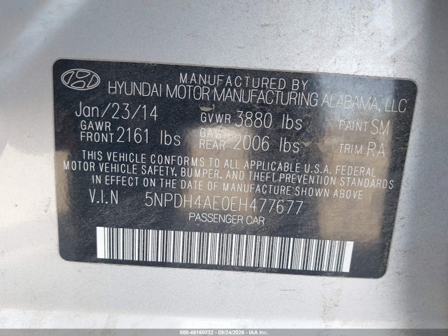 2014 Hyundai Elantra Se მანქანა იყიდება აუქციონზე, vin: 5NPDH4AE0EH477677, აუქციონის ნომერი: 46160232