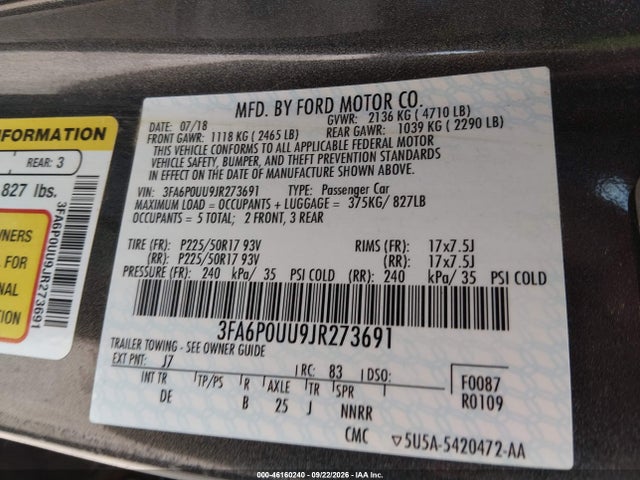 Aukcja sprzedaży 2018 Ford Fusion Hybrid S, vin: 3FA6P0UU9JR273691, numer aukcji: 46160240