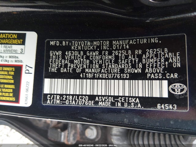2014 Toyota Camry Se მანქანა იყიდება აუქციონზე, vin: 4T1BF1FK0EU776193, აუქციონის ნომერი: 46160248
