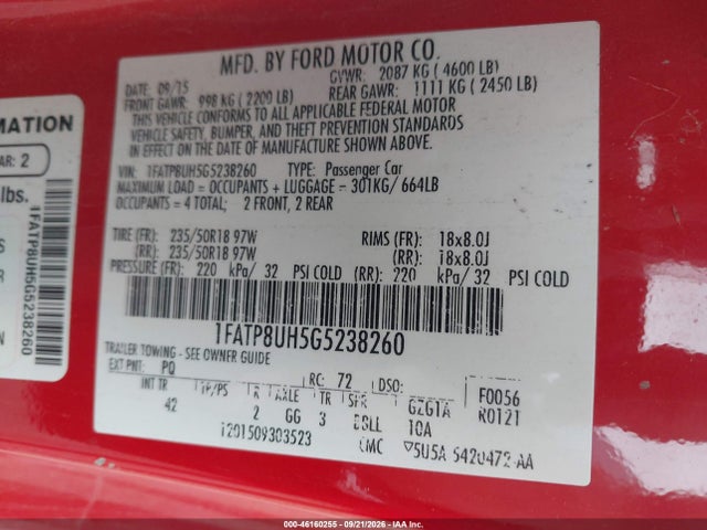 Aukcja sprzedaży 2016 Ford Mustang Ecoboost Premium, vin: 1FATP8UH5G5238260, numer aukcji: 46160255