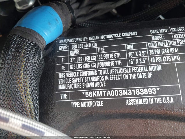 46160261 :رقم المزاد ، 56KMTA003N3183893 vin ، 2022 Indian Motorcycle Co. Scout Bobber Abs مزاد بيع
