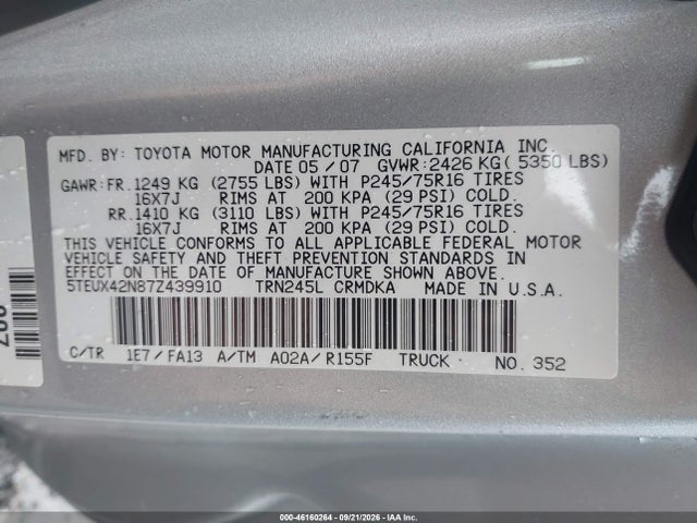 Продажа на аукционе авто 2007 Toyota Tacoma, vin: 5TEUX42N87Z439910, номер лота: 46160264