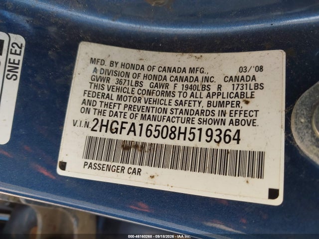 2008 Honda Civic Lx მანქანა იყიდება აუქციონზე, vin: 2HGFA16508H519364, აუქციონის ნომერი: 46160268