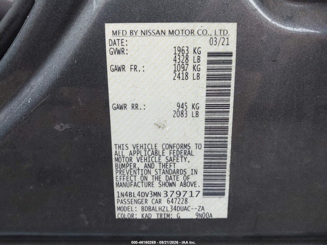 Продажа на аукционе авто 2021 Nissan Altima Sv Fwd, vin: 1N4BL4DV3MN379717, номер лота: 46160269