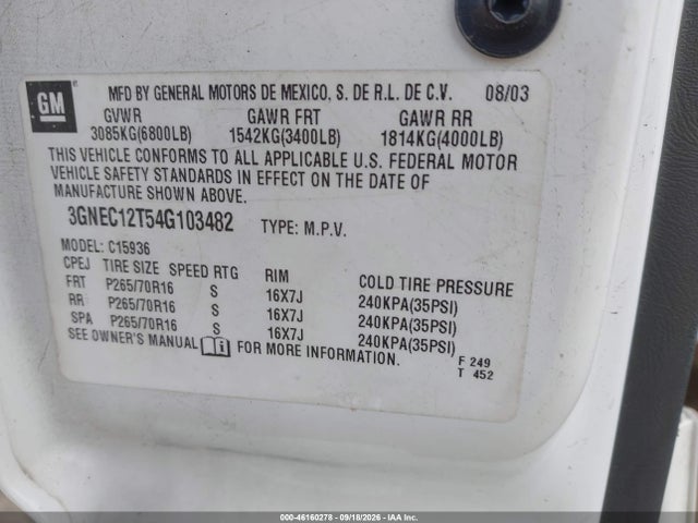 2004 Chevrolet Avalanche 1500 მანქანა იყიდება აუქციონზე, vin: 3GNEC12T54G103482, აუქციონის ნომერი: 46160278