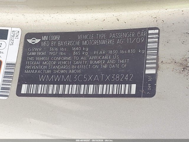 Aukcja sprzedaży 2010 Mini Cooper Clubman, vin: WMWML3C5XATX38242, numer aukcji: 46160287