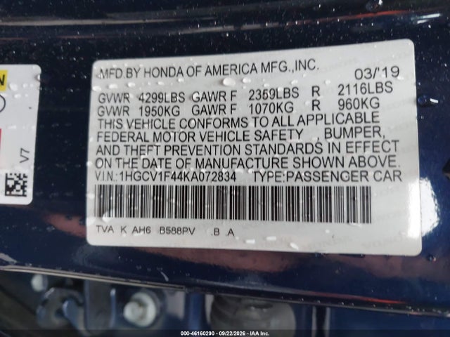 Aukcja sprzedaży 2019 Honda Accord Ex, vin: 1HGCV1F44KA072834, numer aukcji: 46160290
