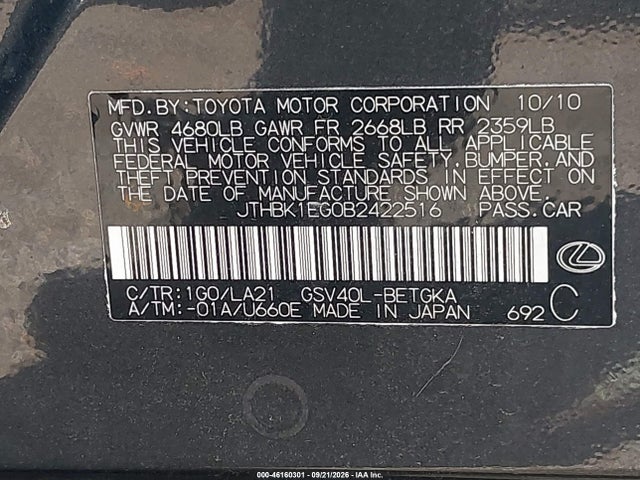 46160301 :رقم المزاد ، JTHBK1EG0B2422516 vin ، 2011 Lexus Es 350 مزاد بيع