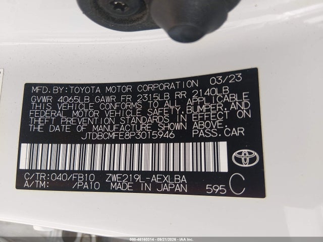 46160314 :رقم المزاد ، JTDBCMFE8P3015946 vin ، 2023 Toyota Corolla Hybrid Le مزاد بيع