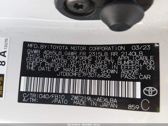 Продажа на аукционе авто 2023 Toyota Corolla Hybrid Le, vin: JTDBCMFE7P3016456, номер лота: 46160316