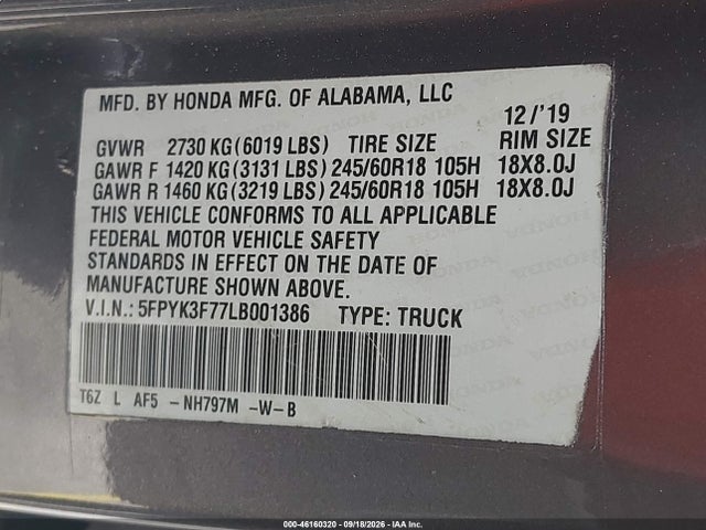 Aukcja sprzedaży 2020 Honda Ridgeline Rtl-e, vin: 5FPYK3F77LB001386, numer aukcji: 46160320