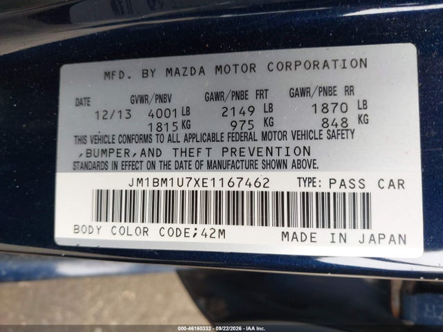 46160332 :رقم المزاد ، JM1BM1U7XE1167462 vin ، 2014 Mazda Mazda3 I Sport مزاد بيع