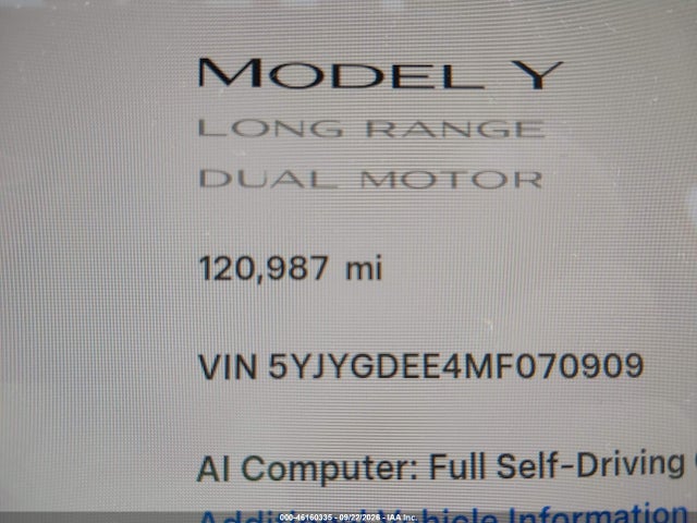 Продаж на аукціоні авто 2021 Tesla Model Y Long Range Dual Motor All-wheel Drive, vin: 5YJYGDEE4MF070909, номер лоту: 46160335