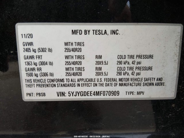 Продаж на аукціоні авто 2021 Tesla Model Y Long Range Dual Motor All-wheel Drive, vin: 5YJYGDEE4MF070909, номер лоту: 46160335
