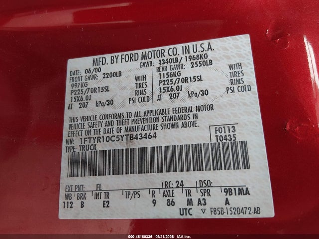 2000 Ford Ranger Xl/xlt მანქანა იყიდება აუქციონზე, vin: 1FTYR10C5YTB43464, აუქციონის ნომერი: 46160336