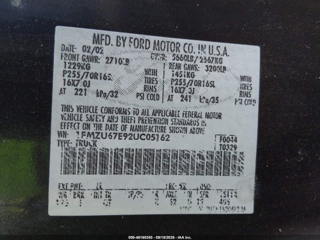 2002 Ford Explorer Sport Trac მანქანა იყიდება აუქციონზე, vin: 1FMZU67E92UC05162, აუქციონის ნომერი: 46160350