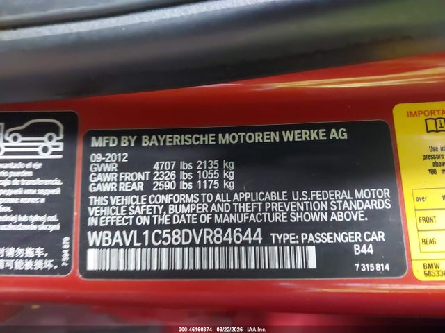 Aukcja sprzedaży 2013 Bmw X1 Xdrive28i, vin: WBAVL1C58DVR84644, numer aukcji: 46160374
