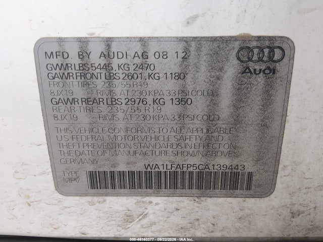 46160377 :رقم المزاد ، WA1LFAFP5CA139443 vin ، 2012 Audi Q5 2.0t Premium مزاد بيع