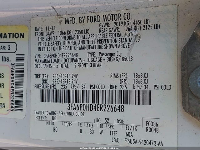 46160396 :رقم المزاد ، 3FA6P0HD4ER226648 vin ، 2014 Ford Fusion Se مزاد بيع