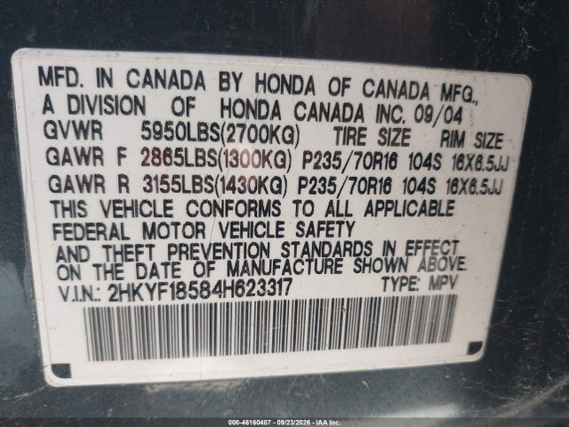 Продажа на аукционе авто 2004 Honda Pilot Ex-l, vin: 2HKYF18584H623317, номер лота: 46160407