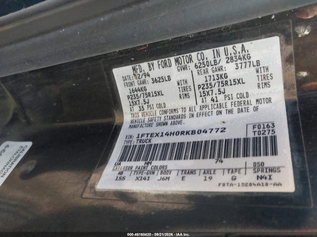 1994 Ford F150 მანქანა იყიდება აუქციონზე, vin: 1FTEX14H0RKB04772, აუქციონის ნომერი: 46160420