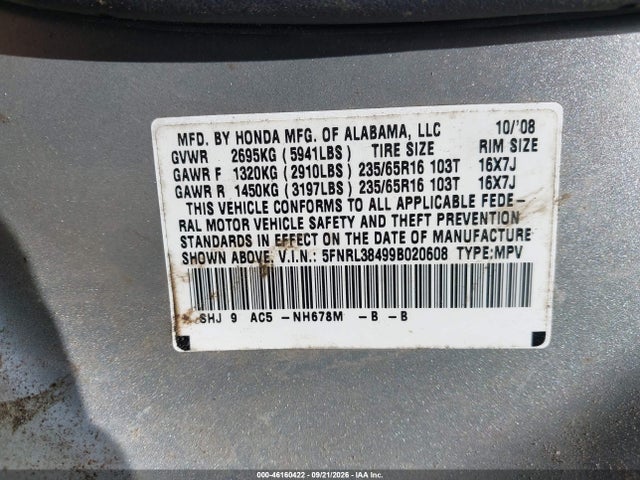 Aukcja sprzedaży 2009 Honda Odyssey Ex, vin: 5FNRL38499B020608, numer aukcji: 46160422