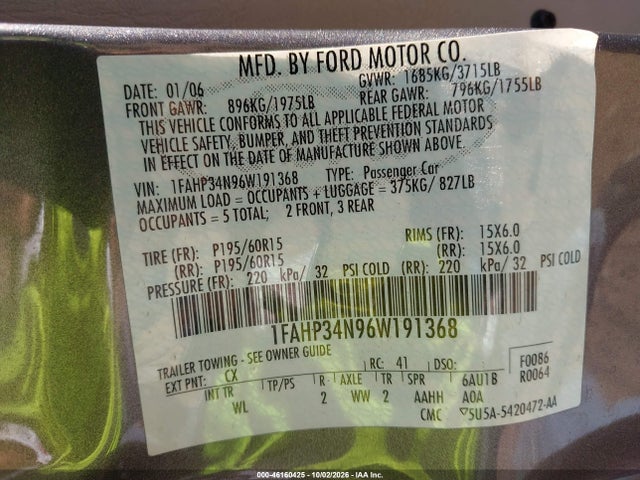 Aukcja sprzedaży 2006 Ford Focus Zx4, vin: 1FAHP34N96W191368, numer aukcji: 46160425