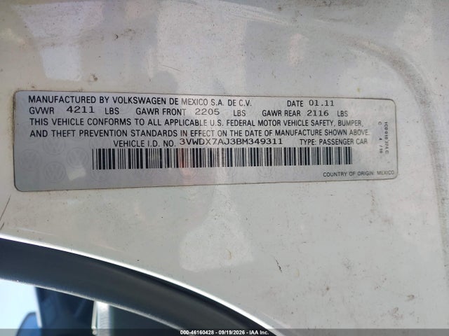2011 Volkswagen Jetta 2.5l Se მანქანა იყიდება აუქციონზე, vin: 3VWDX7AJ3BM349311, აუქციონის ნომერი: 46160428