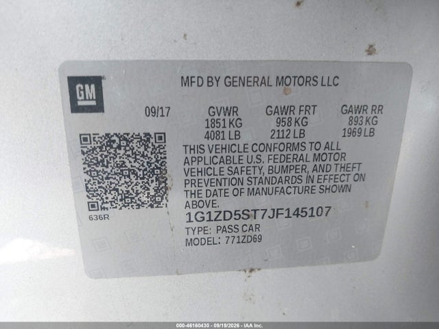 2018 Chevrolet Malibu Lt მანქანა იყიდება აუქციონზე, vin: 1G1ZD5ST7JF145107, აუქციონის ნომერი: 46160430