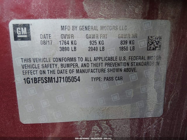 2018 Chevrolet Cruze Premier Auto მანქანა იყიდება აუქციონზე, vin: 1G1BF5SM1J7105054, აუქციონის ნომერი: 46160462