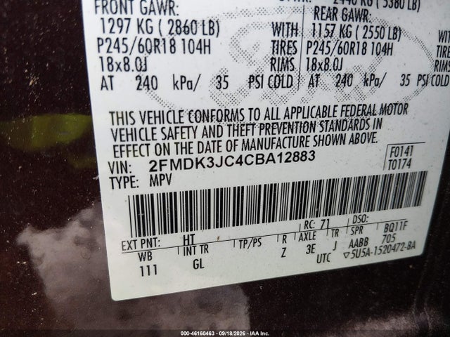 2012 Ford Edge Sel მანქანა იყიდება აუქციონზე, vin: 2FMDK3JC4CBA12883, აუქციონის ნომერი: 46160463